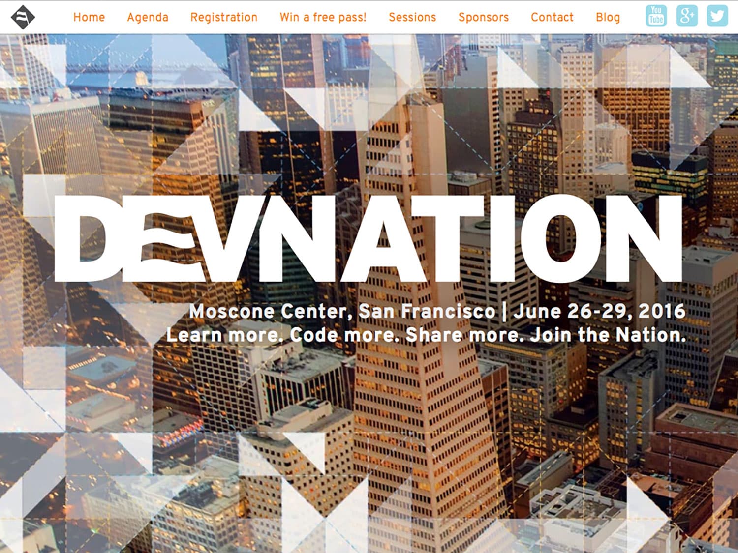 A screenshot of website for a technology conference. The top navigation bar shows a grey and white flag emblem with navigation links in a friendly, yellow font and below that a large masthead photo of a vista of downtown San Francisco with the word "DevNation" in large white letters overlaid on top