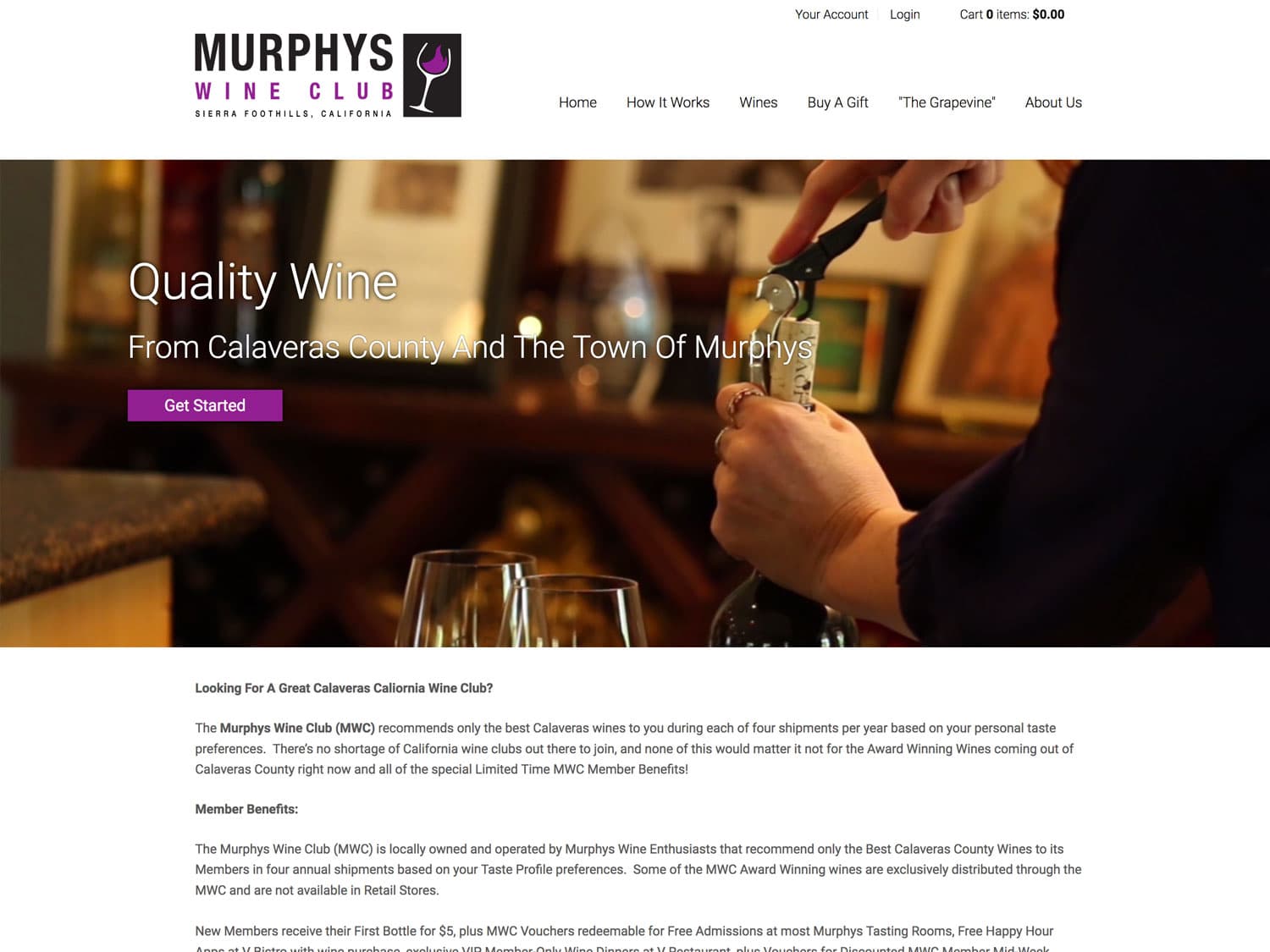A screenshot of a website for a wine club that shows a plain white background, logo and emblem in black and purple in the upper-left and below that a main masthead image of a server opening a wine bottle with some wine glasses in the foreground in a rustic bar setting