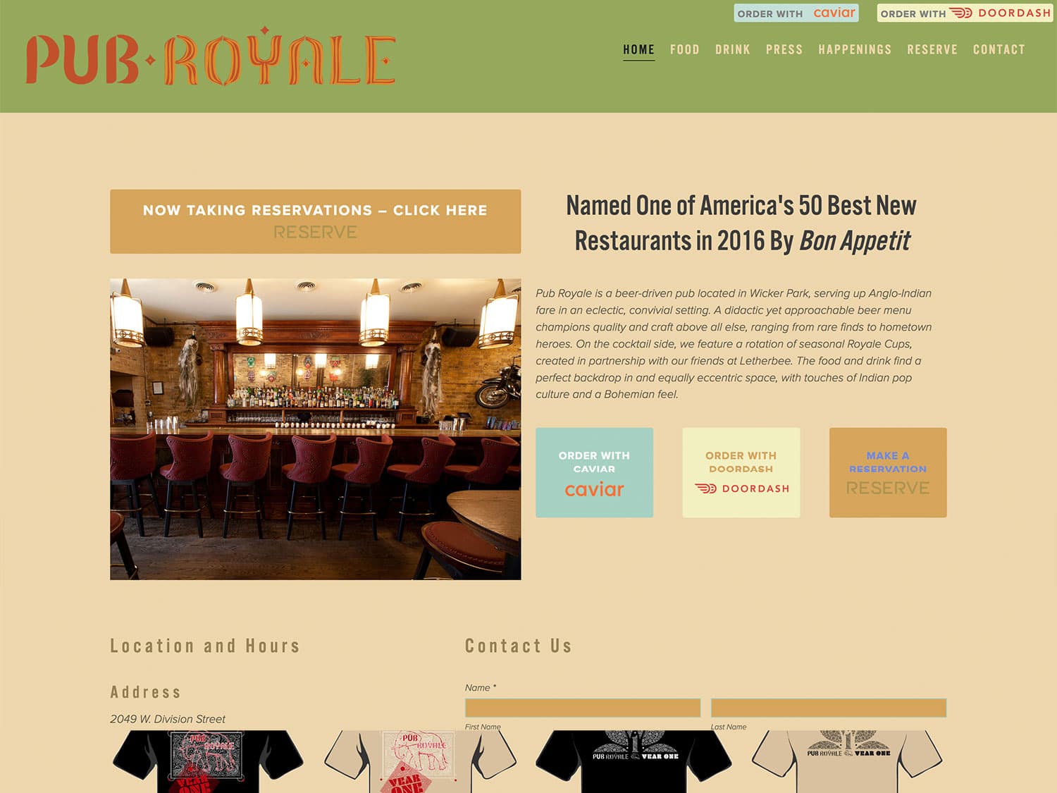 A screenshot of a website for a lounge and diner with a colorful, classic logo in red and orange for the name "Pub Royale". The motif of the website conveys India's British colonial era so the color scheme is soft greens, tans, and oranges. The only visible photos is of a stylish bar with cushioned stools and an old-fashioned motorcycle suspended over a wall to the side.