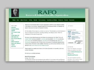 Roosevelt University Adjunct Faculty website. A screenshot of a website for an educational organization. In the upper-left is a photo of Franklin D. Roosevelt in his late sixties wearing a suit. Next to that is the organization logo "R.A.F.O." and the page contents are mostly text grey text with some links to the side in green writing