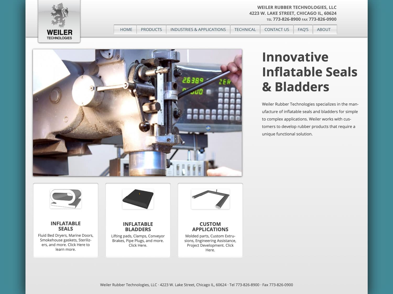 A screenshot of a website with a grey, steel-like design scheme and showing industrial devices, an array of links with images of small manufacturing parts, and the heading "Innovative Inflatable Seals and Bladders"