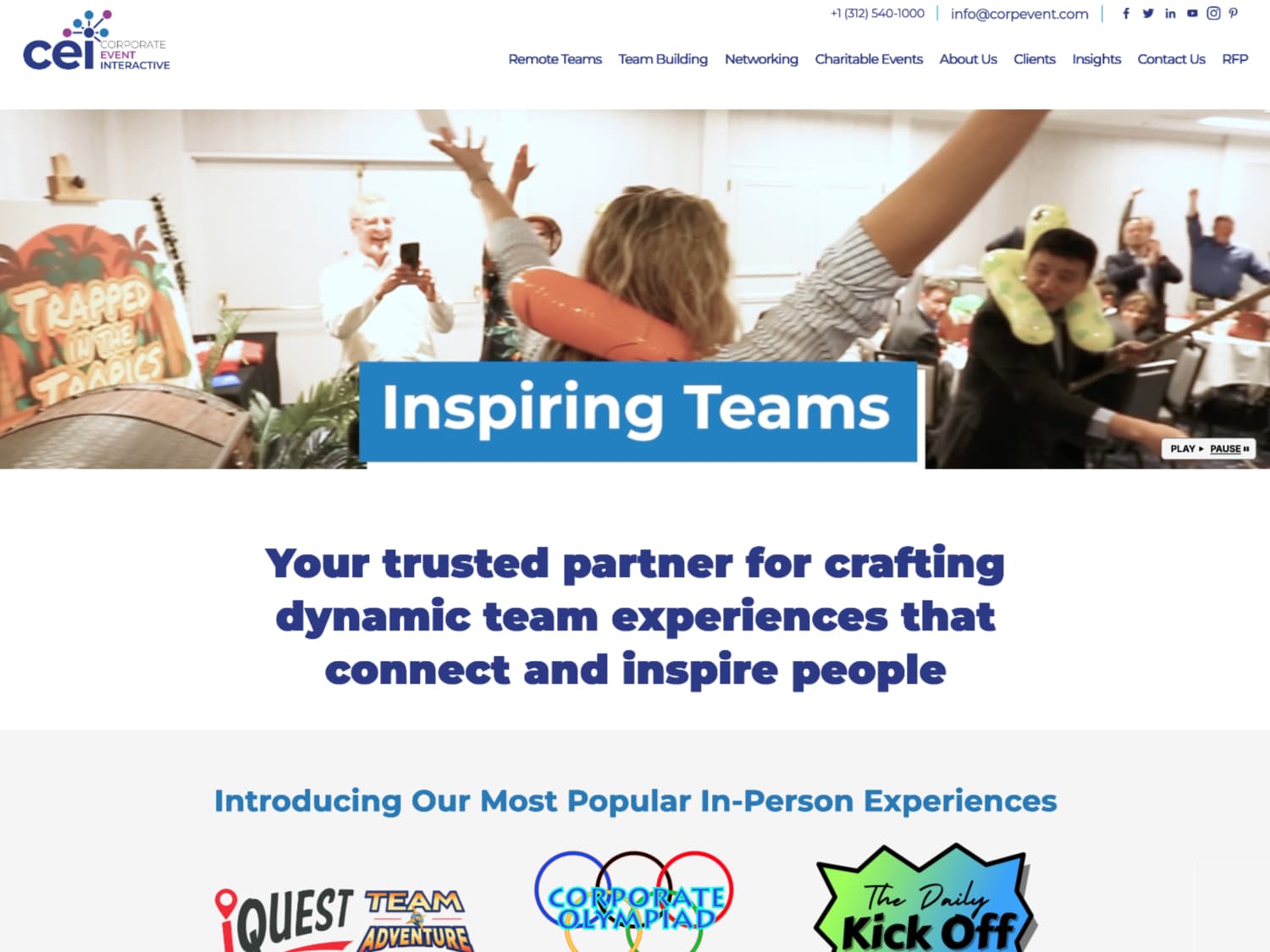 Screenshot of a website. A mostly white page with clean styling has blue and purple fonts and icons that convey a welcoming company. Some event logos and a still from a video with people at a team-building event is front and center in the page