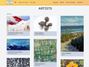 Cornelia Arts Building website. A website screen capture with the heading artists and tiles with artwork and artists' names. The works includes a variety of styles and the images are irregularly shaped. The header is gold with dark blue writing and a black and white logo
