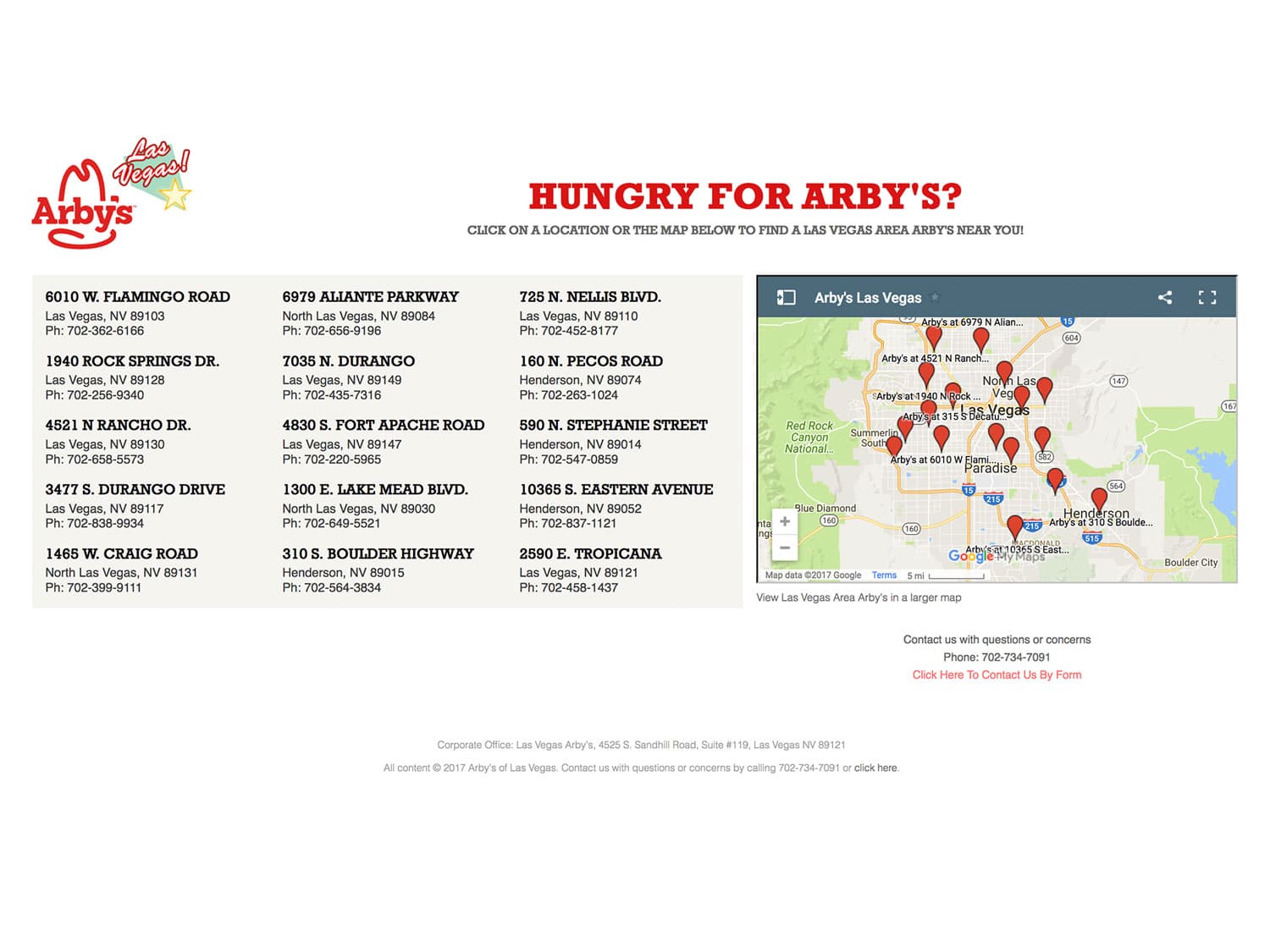 A screenshot of a web page for an Arby's restaurant franchise group with a simple red Arby's logo, a list of locations and a small map with map pins over the Las Vegas metropolitan area. Resting above everything in a big, blocky red font is the headline "Hungry for Arby's?"