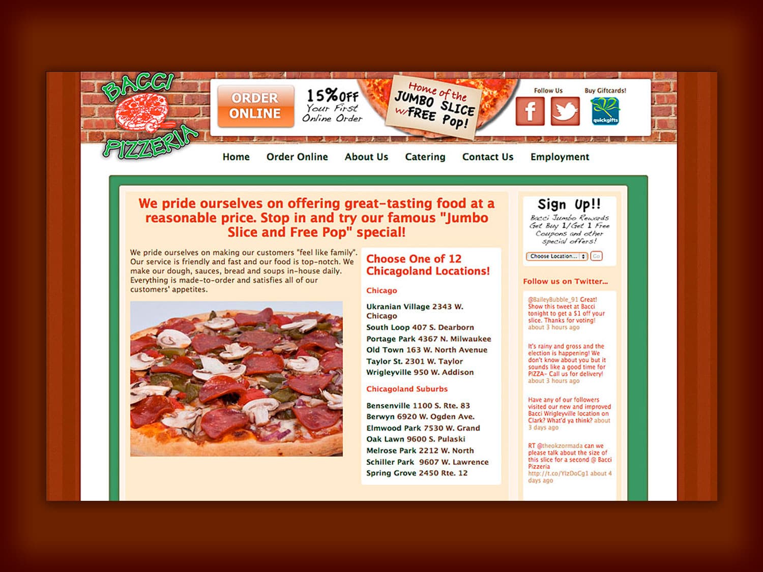 A screenshot of a website for a fast food pizza chain shows a red brick background, a photo of a New York style pizza and some menu and ordering links in various Italian colors (red, white and green) throughout the rest of the page