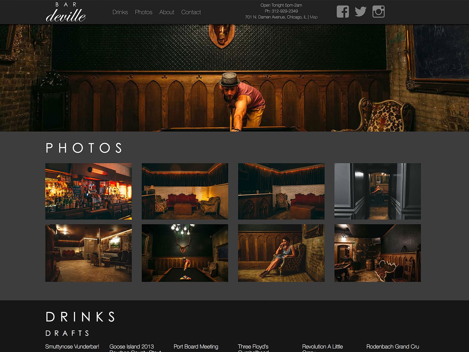 A screenshot of a website for a chic urban tavern. The design theme is dark grey with white lettering on top and the content features a single photo of a man in his mid-twenties shooting pool in a stylishly-decorated room adorned with vintage couches and cushioned chairs with more photos of the interior of the hip, retro-modern bar seen below