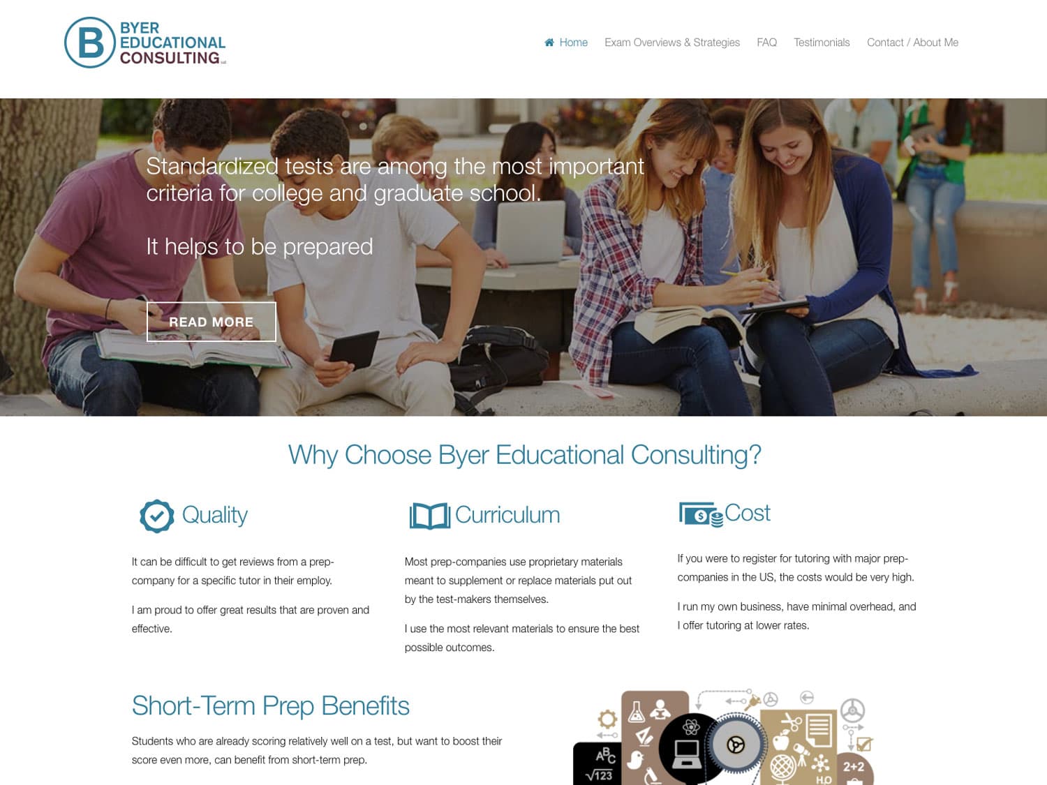 A screenshot of a website for a tutor company shows a simple white layout with blue characters and a masthead photo of high school-age students reading books and working on their laptops in an outdoor setting