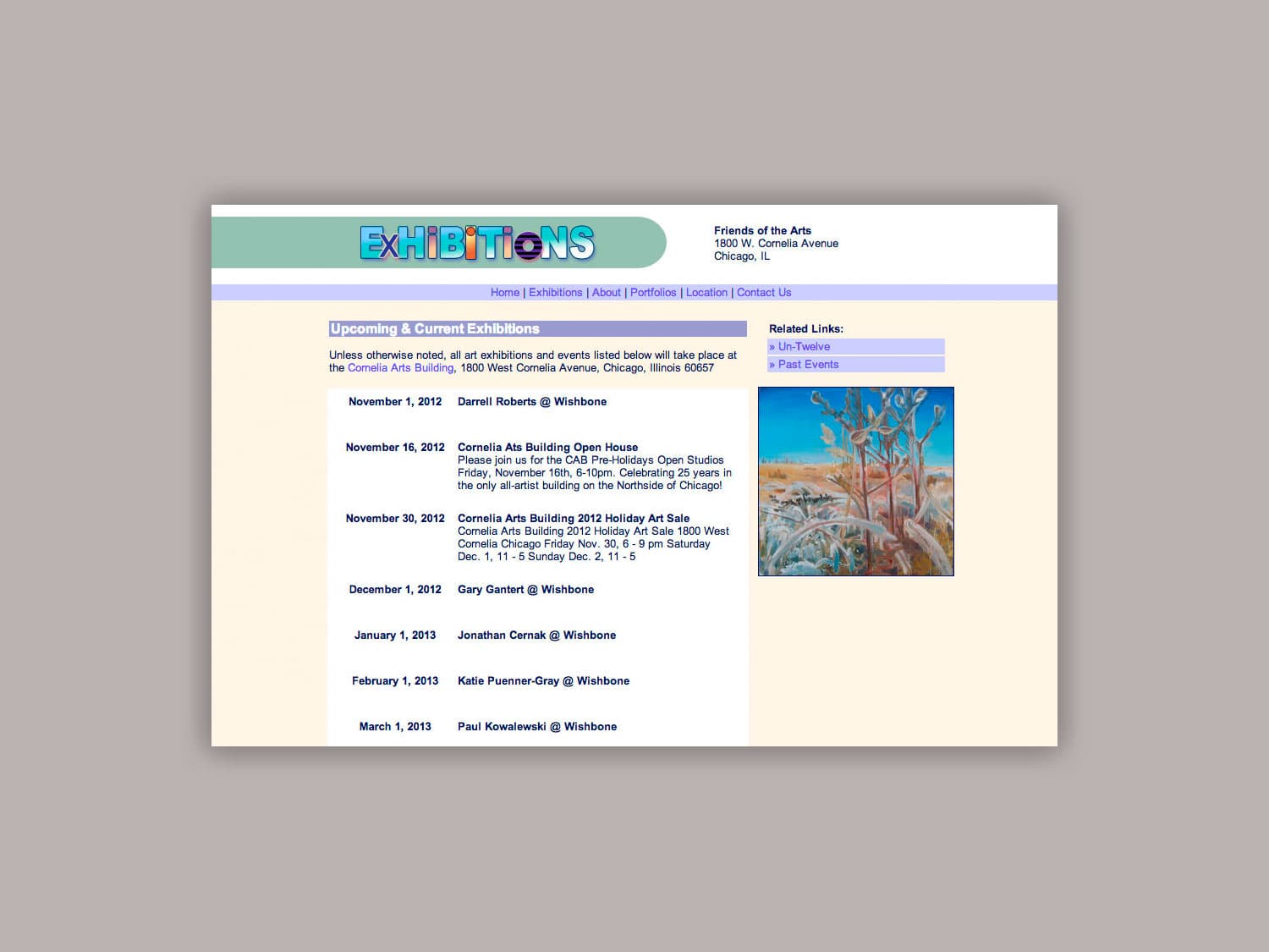 A screenshot of a page in a website for an arts organization showing the title "Exhibitions" in a colorful, mixed font in the top left and a list of bullets and and copy below with a single image of a nature painting set to the right