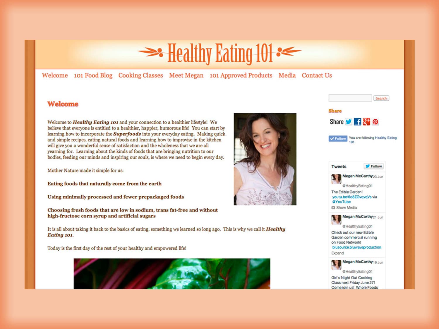 A screenshot of a website dedicated to healthy eating with a pink and orange color scheme shows a picture of a young woman with brown hair and a white casual blouse on smiling and some links and text to the left and below