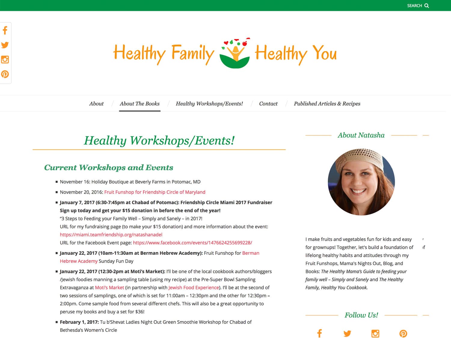 A screenshot of a website dedicated to healthy eating shows a clean, white design with green and yellow accents, a casual font for the logo with an emblem depicting a stylized outline of a woman dancing with hearts and birds, and some basic info copy below