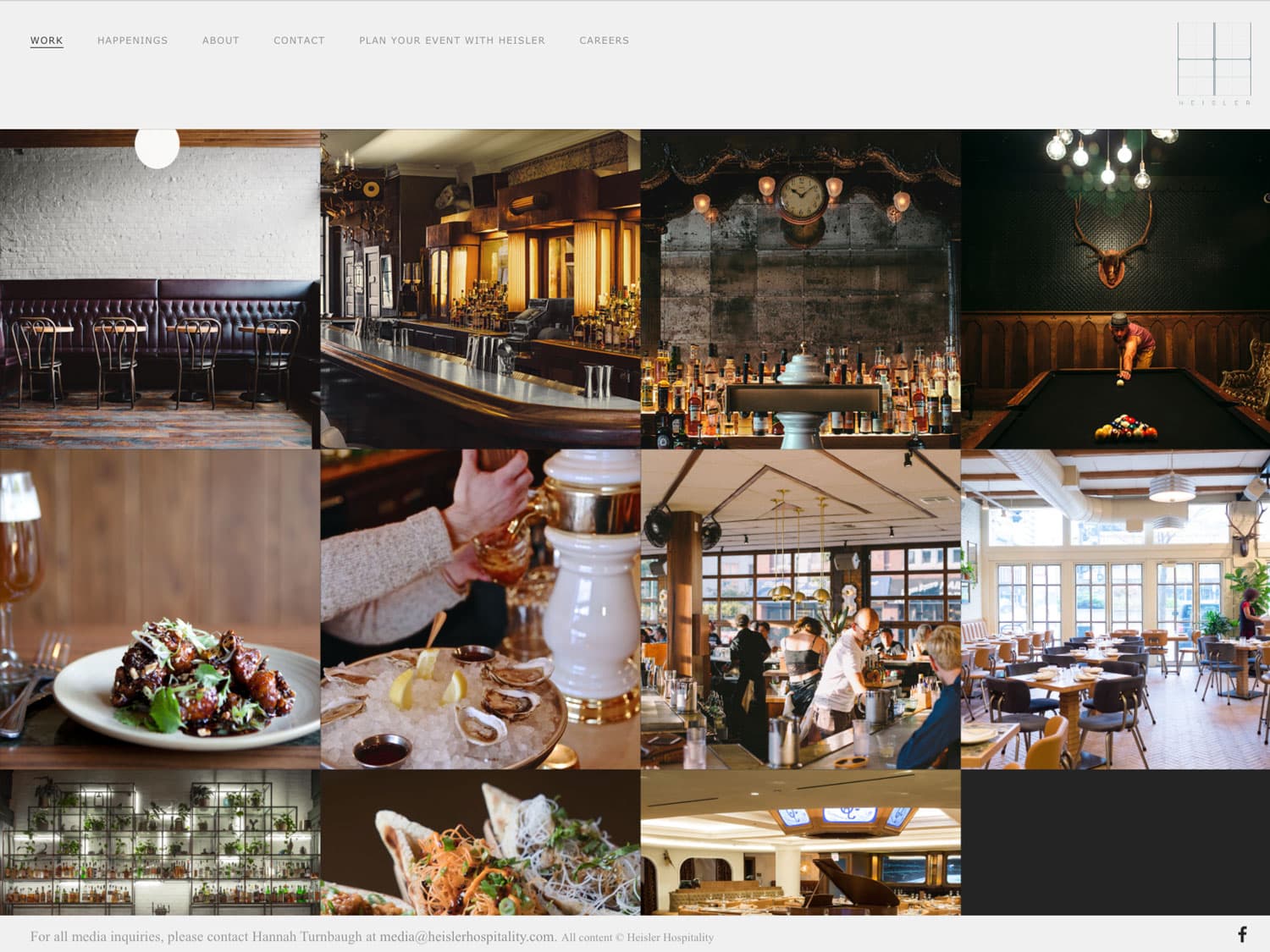A screenshot from a website for a restaurant and bar group shows a group of square photos of various establishments in a grid layout. Each bar or restaurant shown has a rustic yet modern feel