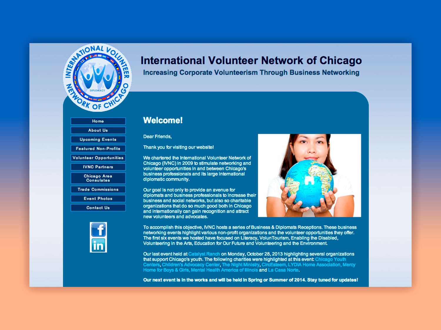 A screenshot of a basic website with blue and light orange background and a simple, blue on white color scheme. A photo of a young woman holding a globe is seen on the page