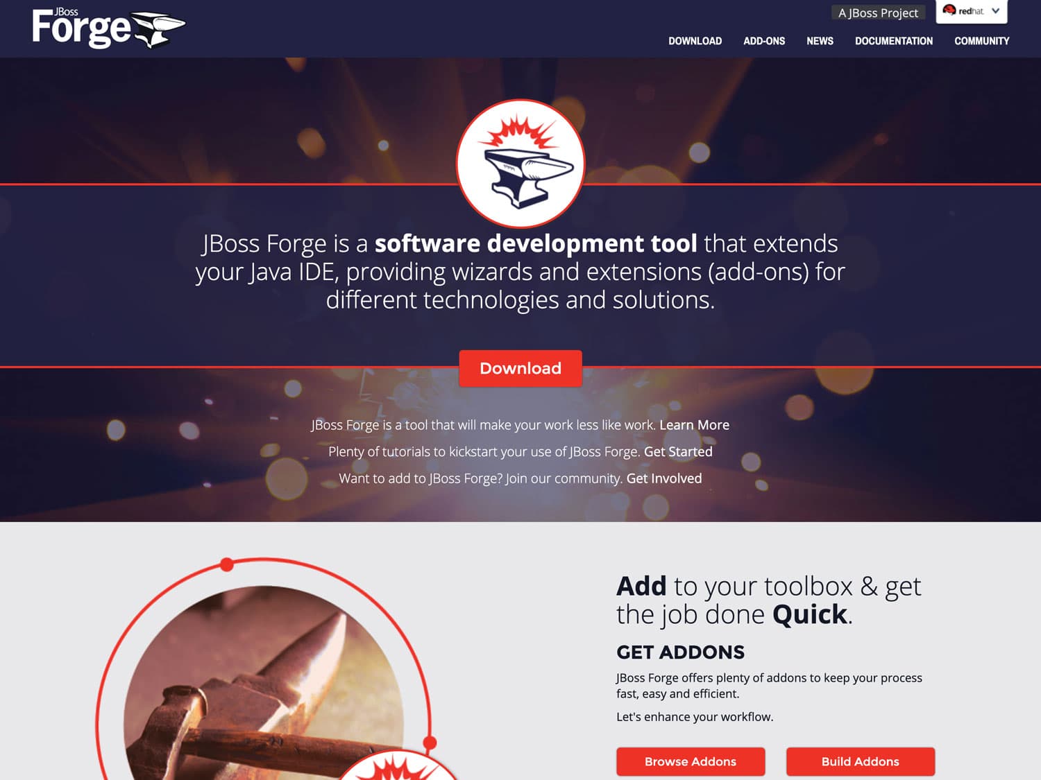 A screenshot of a technology website that shows an image of sparks flying out of a metal forge with the stylized emblem of an anvil and sparks in the center and some text in cool greys and blues with red accents and a modern look