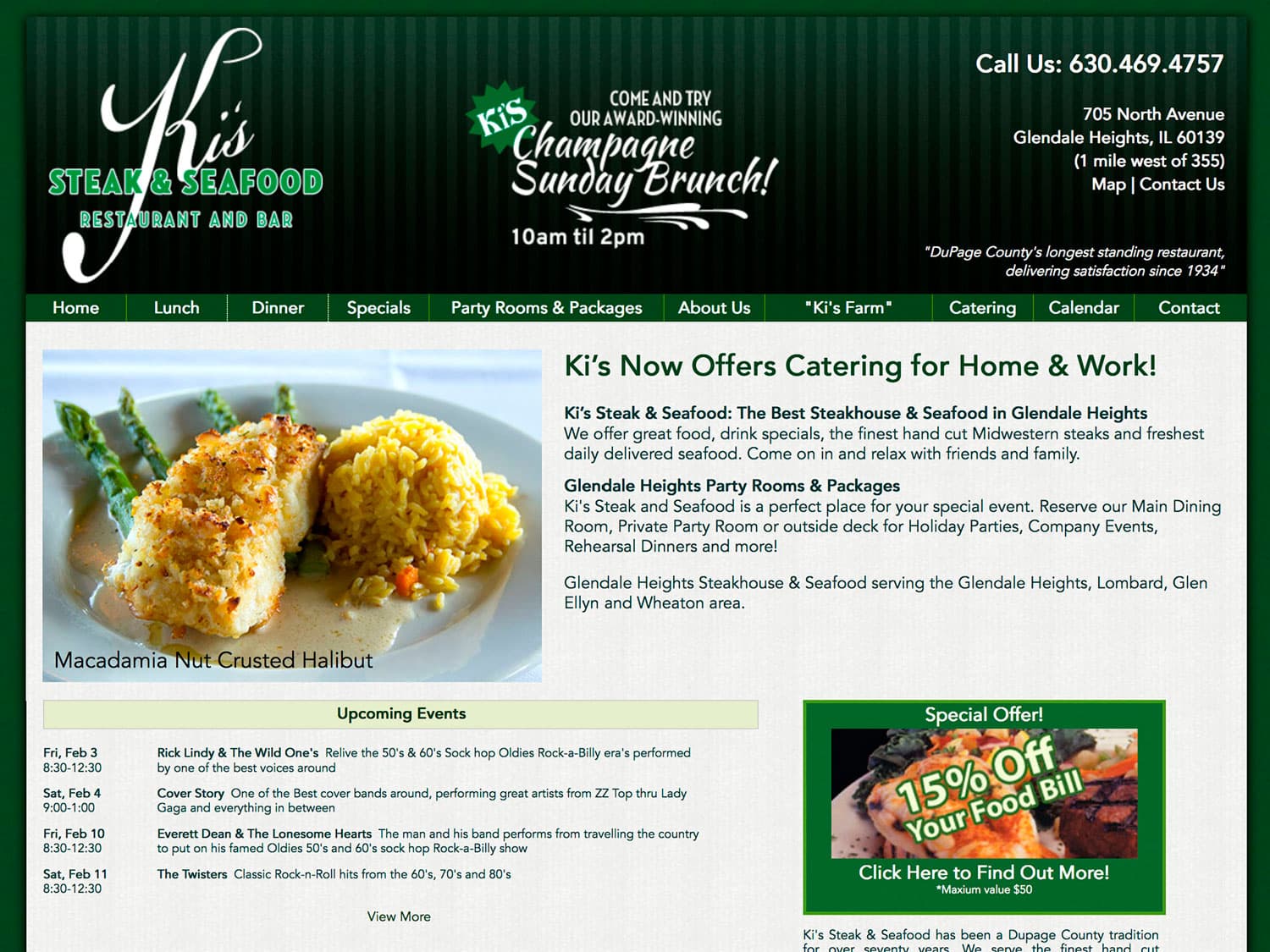 A screenshot of a web page in a site for a classic suburban restaurant serving old-style menu dishes that would be found in a supper club. The motif is one of a steakhouse from the 1960's with fonts and coloring meant to convey an old style feel