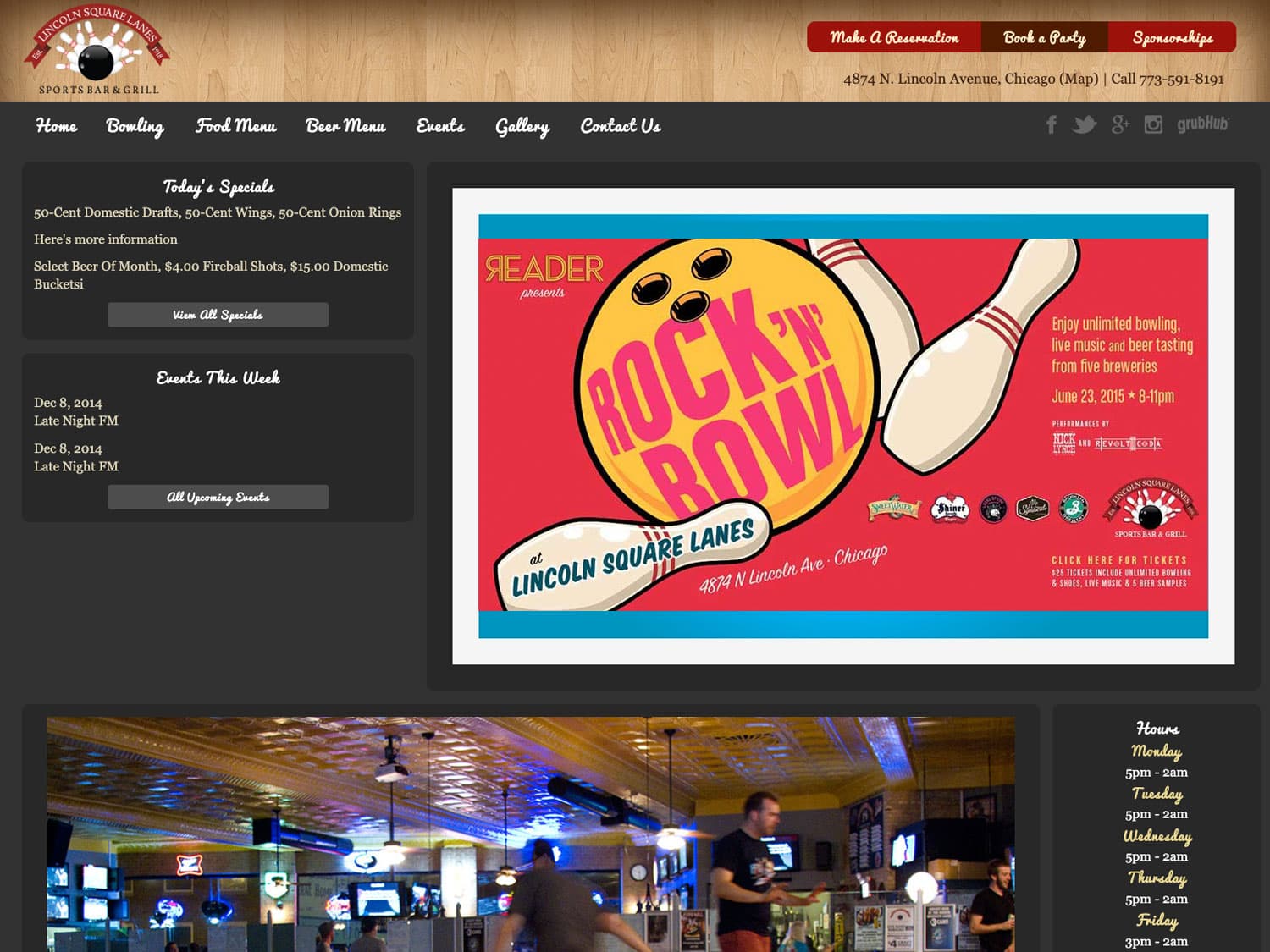 A screenshot of a web page for an old-school bowling alley with a nav bar that has a wood panel background meant to resemble the waxed wood lanes at a bowling alley, links and headings in a retro-looking handwriting font and a large ad for a "Rock 'n' Bowl" special event