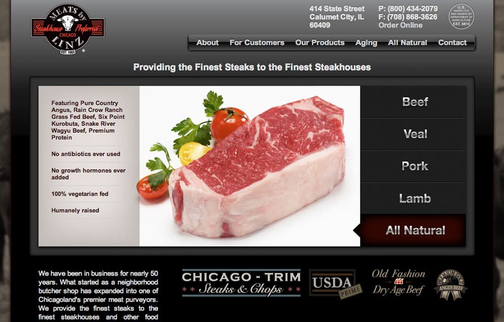 A screenshot of a web page for a wholesale meat company. The design is dark black and grey with a red and white logo in the upper left, a large picture of a New York Strip steak below that and some links and copy in grey, steel-finish and white text below
