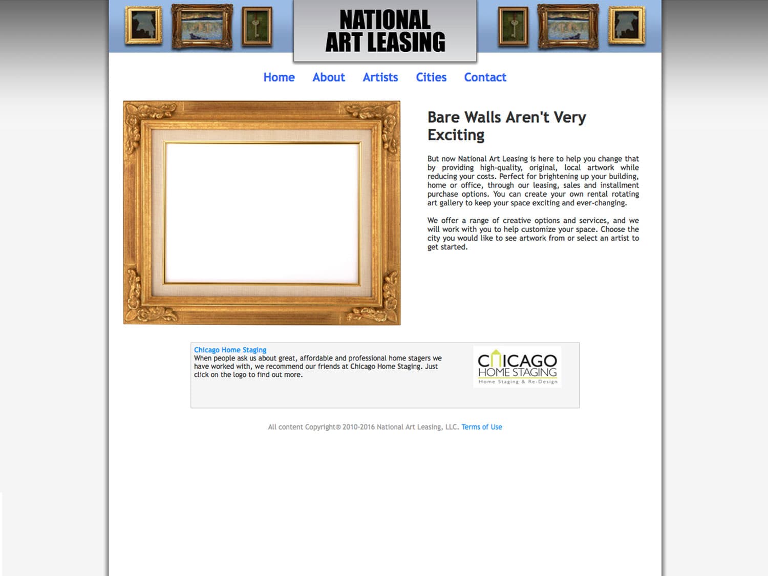 A screenshot of a website for an art consultancy shows an navigation bar with some classic framed paintings against a blue background and below that an empty picture frame with some copy to the left