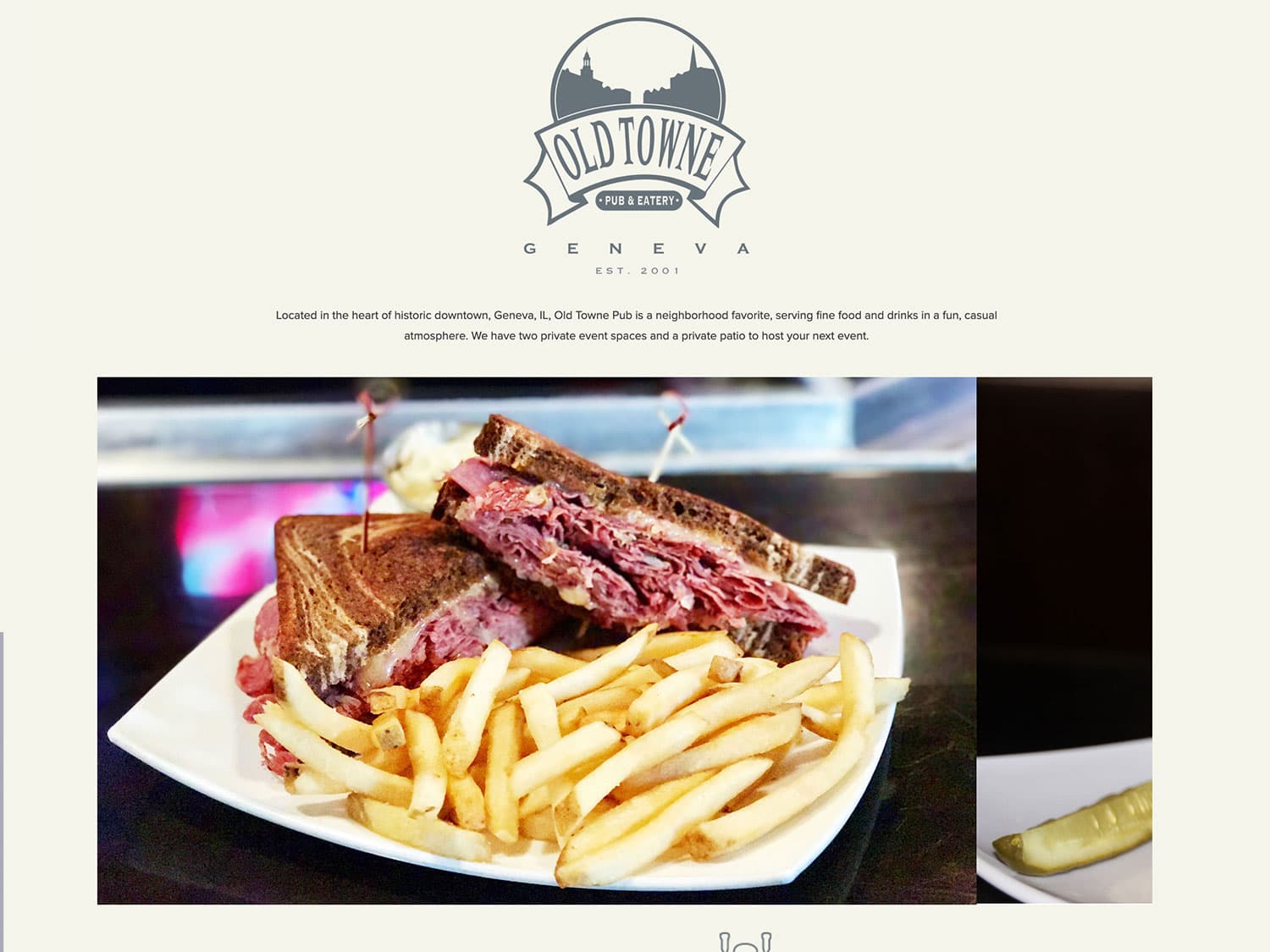 A screenshot of a simple website for a suburban diner. A grey logo an emblem is seen over a large photo of a reuben sandwich with fries and a pickle