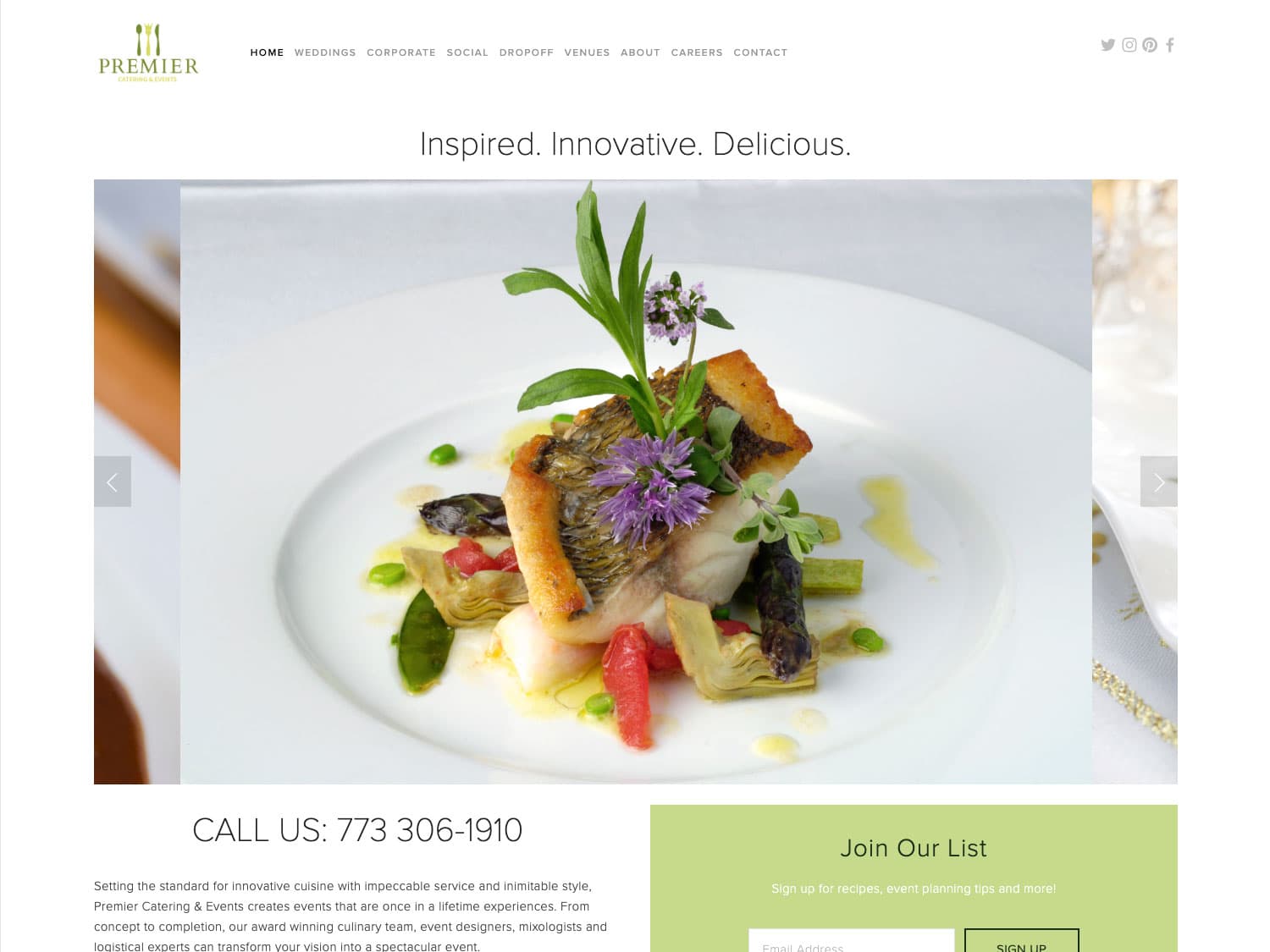 A screenshot of a page of a catering website. A small green logo with some stylized imagery of a fork and knife is seen in the upper left with an image carousel just below it showing a bright-lit, colorful photo of an entree presented on a clean white dish and white tablecloth