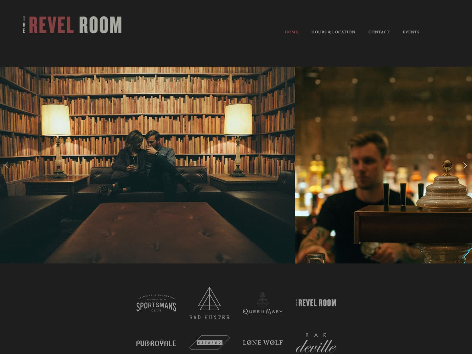A screenshot of a website for a chic lounge and nightclub. The dark maroon and grey logo in the upper left says "The Revel Room" in a stark, blocky font. Some links in a small grey font are on the right. Below that are images of a dimly-lit room with a wall of bookshelves full of books, two low-light lamps and a couple sitting at a couch clinking glasses. To the right is a bartender with short hair and tattoos seen standing at beer tap with a soft-focus bar with bottles visible behind him.