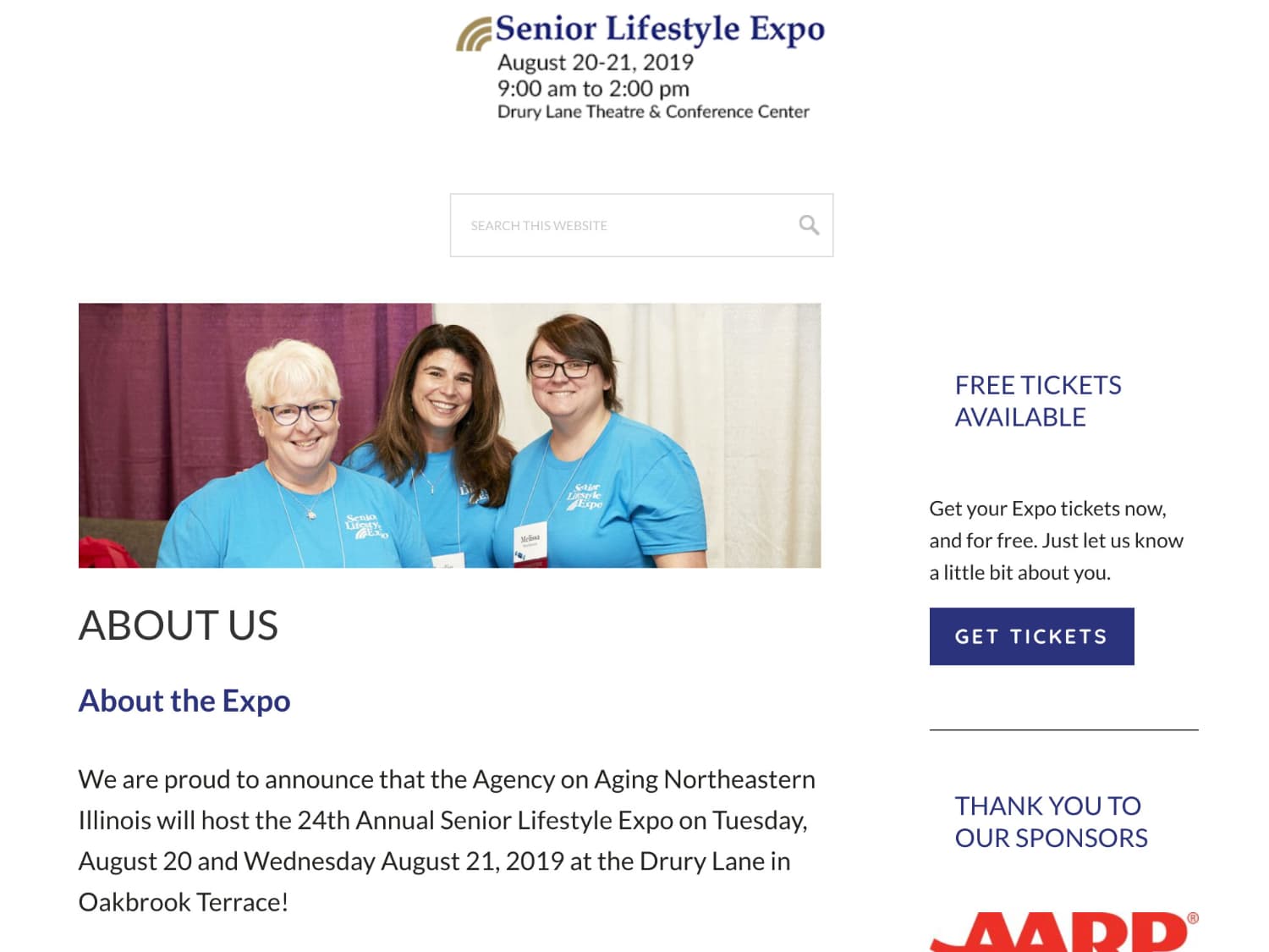 A screenshot of a simple event website. The blue logo for "Senior Lifestyle Expo" is seen over some basic link and copy information, the logo for AARP and a photos of three women in blue t-shirts