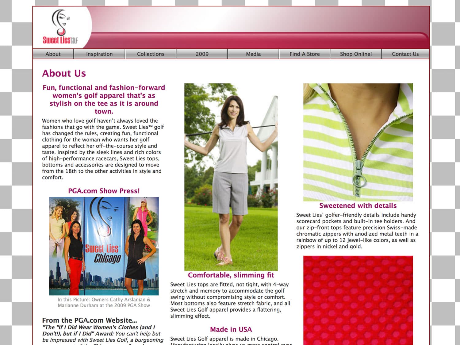 A screenshot of a page of a women's sports apparel website. The color scheme is bright with red and pink hues and a grey and white checkerboard pattern for a background. Seen throughout the page are images of women modeling golf and workout attire