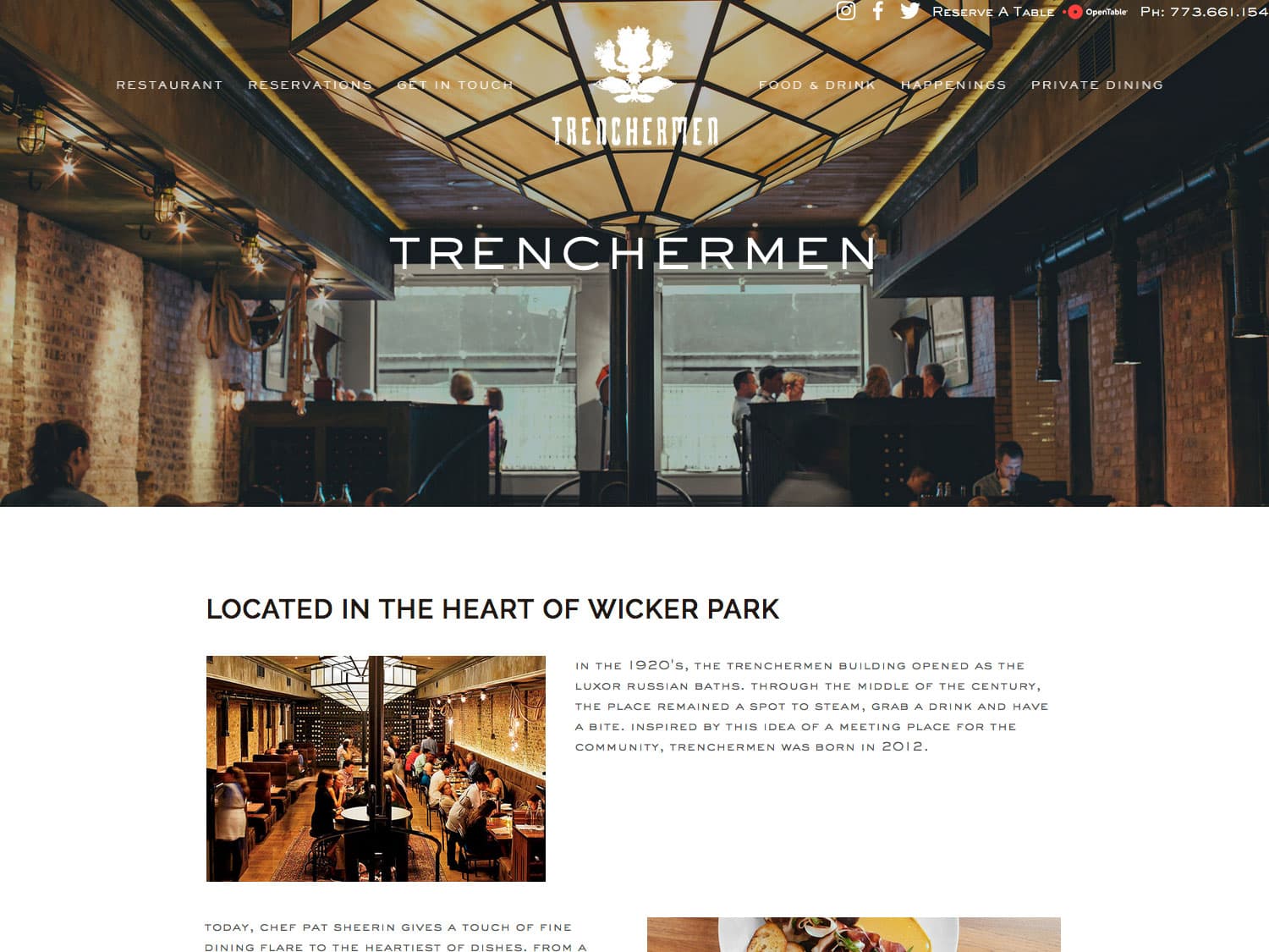 A screenshot of a website home page. A photo showing a wide view of a rustic yet modern restaurant interior with brick walls and warm lighting with diners throughout is overlaid by the Trencherman fleur emblem, some page links in a row and the name Trenchermen. Below that is a section of web page with some more photos of diners and a copy section (illegible) with the heading "located in the hear of Wicker Park"